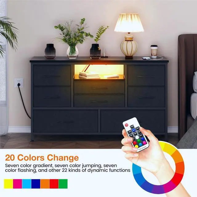 Alt view image 4 of 7 - Jojoka 8 Dresser TV Stand with Power Outlet & LED for 55'' TV, Long Dresser for Bedroom with 8 Deep Drawers, Wide Console Table for Storage in Closet, Living Room, Entryway, Wood Top