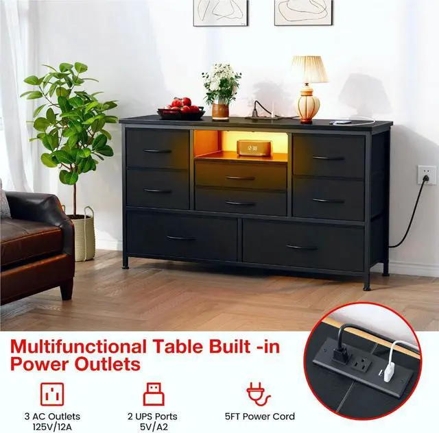 Alt view image 5 of 7 - Jojoka 8 Dresser TV Stand with Power Outlet & LED for 55'' TV, Long Dresser for Bedroom with 8 Deep Drawers, Wide Console Table for Storage in Closet, Living Room, Entryway, Wood Top