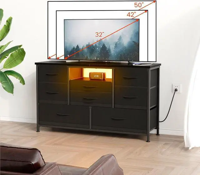 Alt view image 6 of 7 - Jojoka 8 Dresser TV Stand with Power Outlet & LED for 55'' TV, Long Dresser for Bedroom with 8 Deep Drawers, Wide Console Table for Storage in Closet, Living Room, Entryway, Wood Top