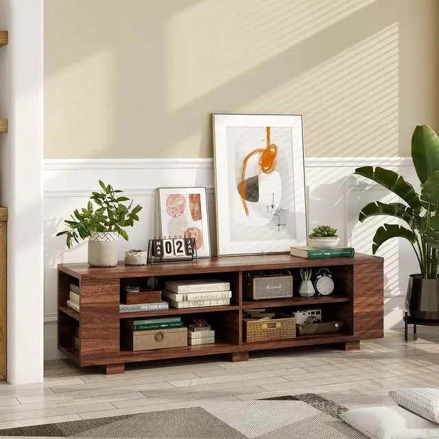 Alt view image 4 of 7 - Tangkula Wood TV Stand for TVs up to 65 Inch Flat Screen, Modern Entertainment Center with 8 Open Shelves, Universal TV Storage Cabinet for Living Room Bedroom, TV Console Table (Walnut)