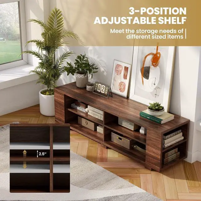 Alt view image 5 of 7 - Tangkula Wood TV Stand for TVs up to 65 Inch Flat Screen, Modern Entertainment Center with 8 Open Shelves, Universal TV Storage Cabinet for Living Room Bedroom, TV Console Table (Walnut)