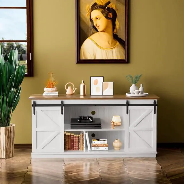 Alt view image 2 of 7 - ZPK Farmhouse TV Stand for 65 Inch TV, Modern Television Stands Mid Century Media Entertainment Center with Sliding Barn Doors and Storage Cabinets, Console Table for Living Room, Bedroom (White)