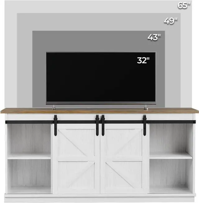 Alt view image 5 of 7 - ZPK Farmhouse TV Stand for 65 Inch TV, Modern Television Stands Mid Century Media Entertainment Center with Sliding Barn Doors and Storage Cabinets, Console Table for Living Room, Bedroom (White)