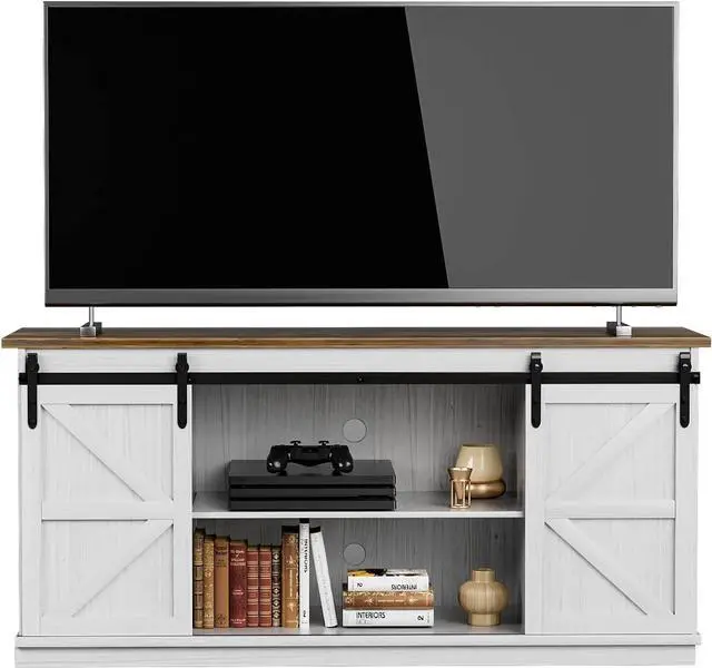 Alt view image 7 of 7 - ZPK Farmhouse TV Stand for 65 Inch TV, Modern Television Stands Mid Century Media Entertainment Center with Sliding Barn Doors and Storage Cabinets, Console Table for Living Room, Bedroom (White)