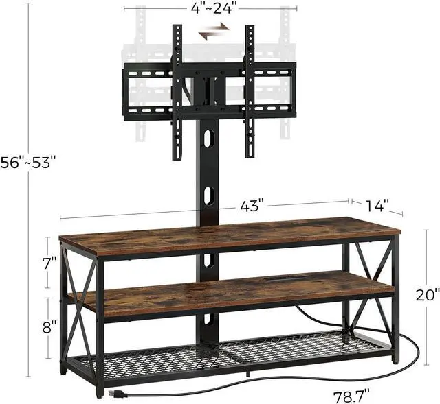 Alt view image 7 of 7 - Seventable TV Stand with Mount and Power Outlet 43", Swivel TV Stand Mount for 32/45/55/60/65/70 inch TVs, Height Adjustable TV Entertainment Center with Cable Management, Rustic Brown