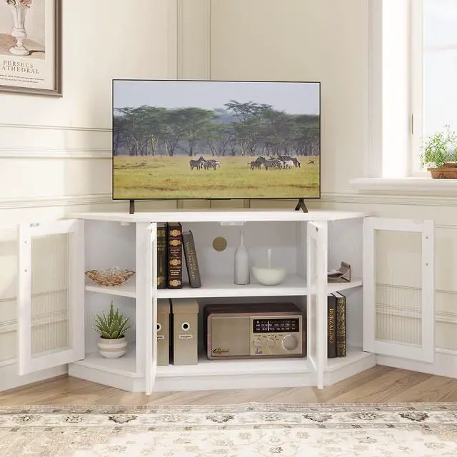 Alt view image 3 of 7 - Panana Corner TV Stand, 47 Inch TV Media Console Table with 4 Doors and Shelves, Living Room Storage Entertainment Center for TVs up to 55 Inch (White)