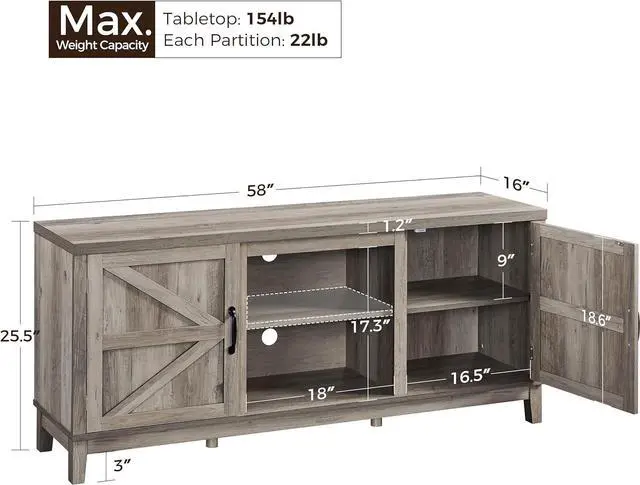 Alt view image 3 of 7 - Yaheetech TV Stand for 65 Inch TV, Farmhouse TV Console Table for Living Room, Tall Entertainment Center with Double Barn Doors for Bedroom, Gray