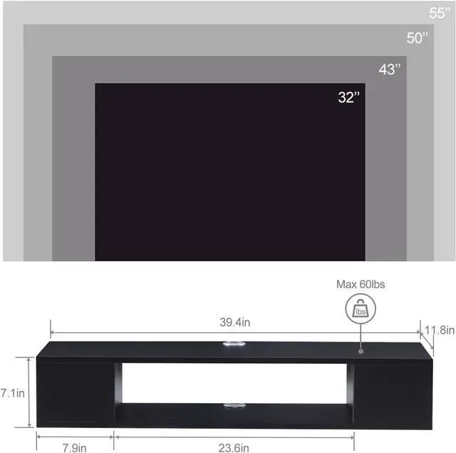 Alt view image 2 of 7 - GHC Floating TV Stand, Wall Mounted Entertainment Center and Cabinet Shelf, TV Console with StorageMedia Console for DVD Player, Space-Saving Under TV Shelf for Bedroom, Living Room (Black)