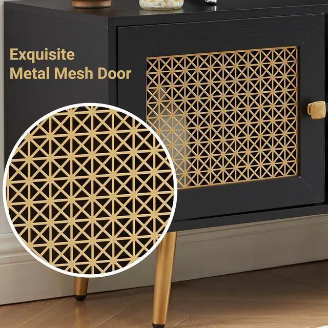 Alt view image 3 of 7 - JYED DECOR Mid Century Modern TV Stand for 65 inch TV, Entertainment Center with Storage, Metal Mesh Decorated Cabinet Doors for Living Room, Black