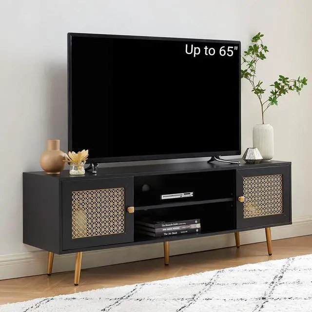 Alt view image 4 of 7 - JYED DECOR Mid Century Modern TV Stand for 65 inch TV, Entertainment Center with Storage, Metal Mesh Decorated Cabinet Doors for Living Room, Black