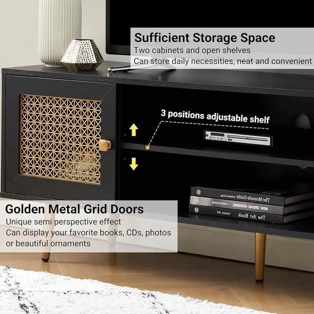 Alt view image 5 of 7 - JYED DECOR Mid Century Modern TV Stand for 65 inch TV, Entertainment Center with Storage, Metal Mesh Decorated Cabinet Doors for Living Room, Black
