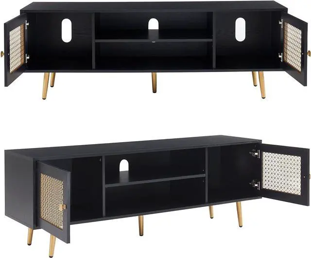 Alt view image 6 of 7 - JYED DECOR Mid Century Modern TV Stand for 65 inch TV, Entertainment Center with Storage, Metal Mesh Decorated Cabinet Doors for Living Room, Black