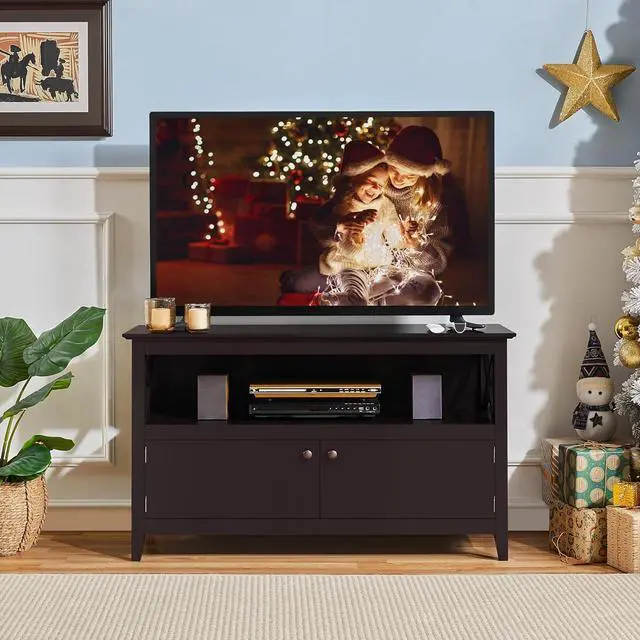 Alt view image 2 of 7 - Yaheetech Wooden TV Stand for TVs Up to 50 inch, Media Entertainment Center Table, TV Cabinet Table with Storage Open Shelf & 2 Doors for Living Room, Espresso