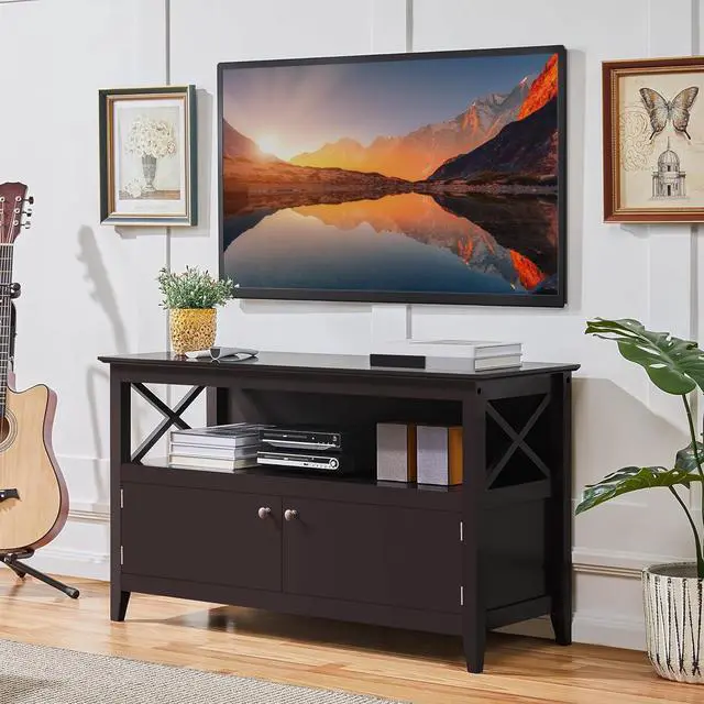 Alt view image 3 of 7 - Yaheetech Wooden TV Stand for TVs Up to 50 inch, Media Entertainment Center Table, TV Cabinet Table with Storage Open Shelf & 2 Doors for Living Room, Espresso