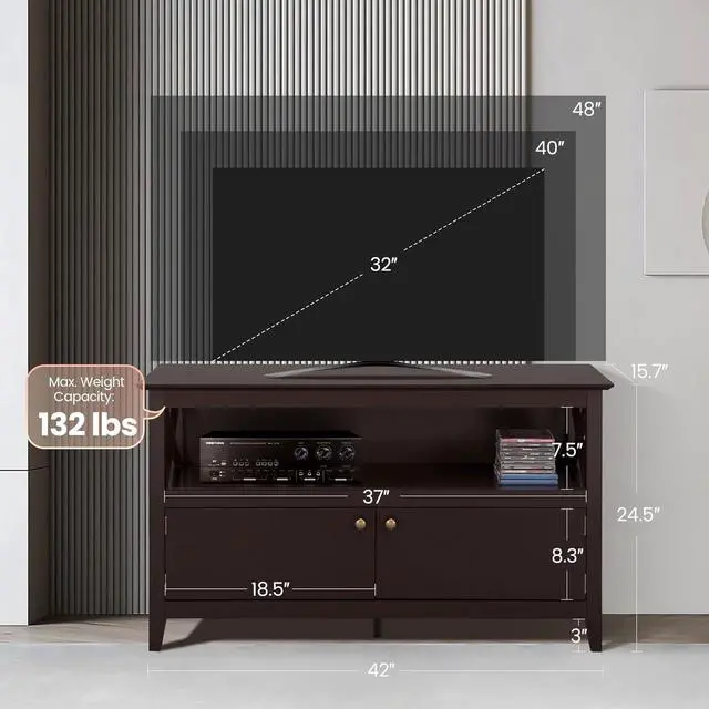 Alt view image 4 of 7 - Yaheetech Wooden TV Stand for TVs Up to 50 inch, Media Entertainment Center Table, TV Cabinet Table with Storage Open Shelf & 2 Doors for Living Room, Espresso