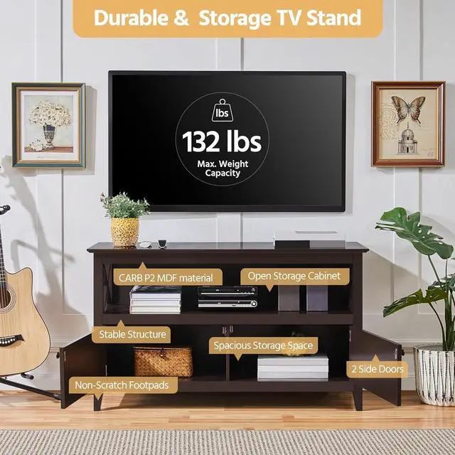 Alt view image 5 of 7 - Yaheetech Wooden TV Stand for TVs Up to 50 inch, Media Entertainment Center Table, TV Cabinet Table with Storage Open Shelf & 2 Doors for Living Room, Espresso