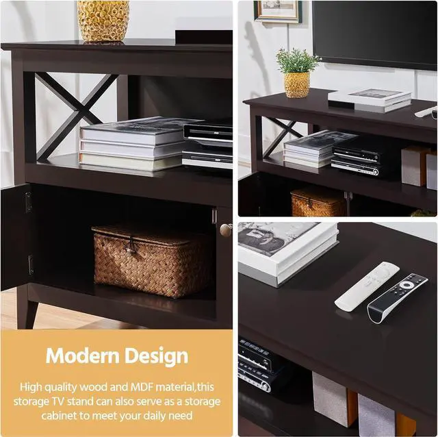 Alt view image 6 of 7 - Yaheetech Wooden TV Stand for TVs Up to 50 inch, Media Entertainment Center Table, TV Cabinet Table with Storage Open Shelf & 2 Doors for Living Room, Espresso