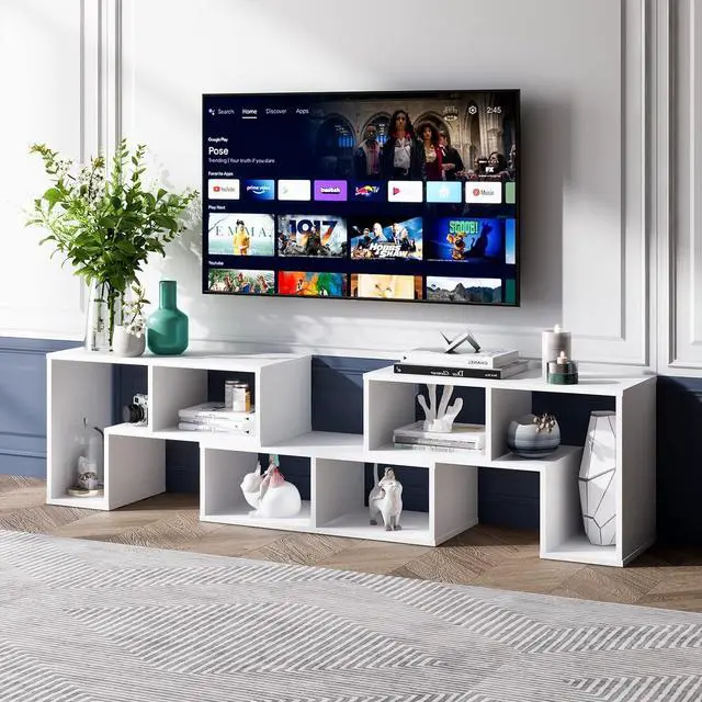 Alt view image 2 of 7 - Tangkula 3 Pieces Console TV Stand, Free-Combination Entertainment Center for 50 55 60 65 Inch TV, Minimalist Modern TV Media Stand, DIY Open Storage Bookcase Shelf for Living Room (White)