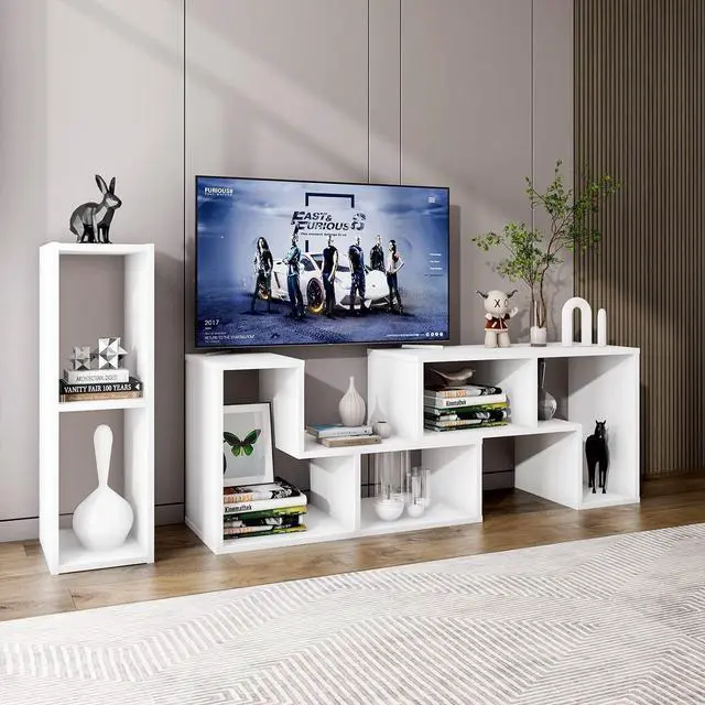 Alt view image 4 of 7 - Tangkula 3 Pieces Console TV Stand, Free-Combination Entertainment Center for 50 55 60 65 Inch TV, Minimalist Modern TV Media Stand, DIY Open Storage Bookcase Shelf for Living Room (White)