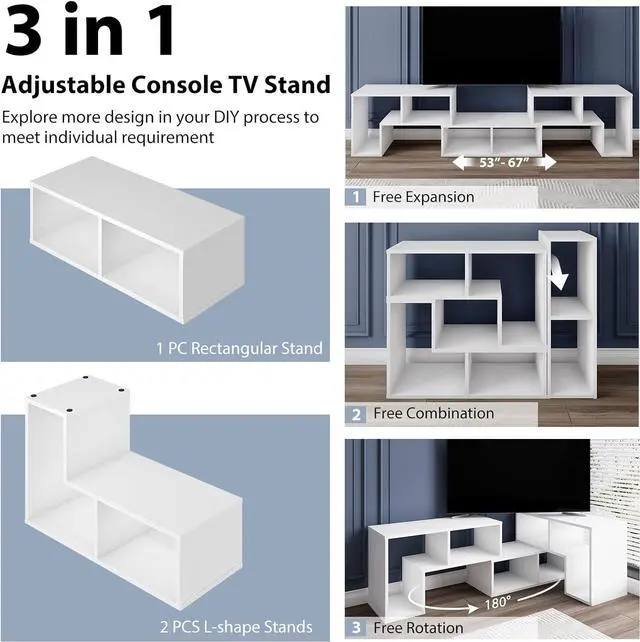 Alt view image 6 of 7 - Tangkula 3 Pieces Console TV Stand, Free-Combination Entertainment Center for 50 55 60 65 Inch TV, Minimalist Modern TV Media Stand, DIY Open Storage Bookcase Shelf for Living Room (White)
