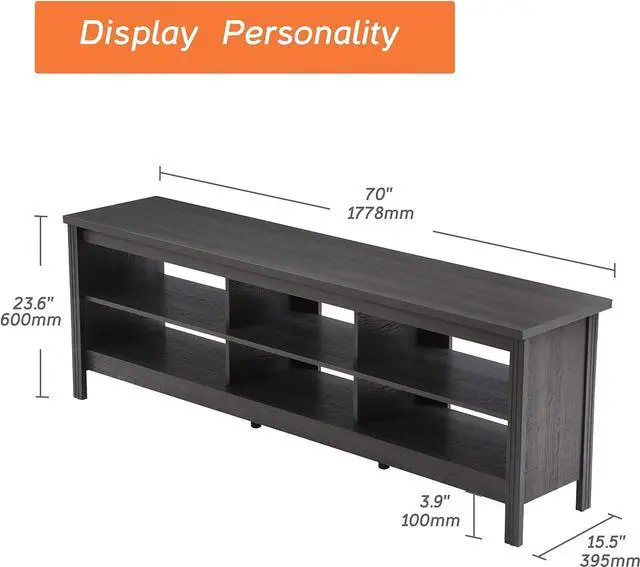 Alt view image 4 of 7 - WAMPAT TV Stand for 75 inch TV with Yellow LED Light, Entertainment Center for 65+ Inch TV Console Table with 6 Cubby, Wood Television Stands for Living Room Bedroom, 70 Inch, Black
