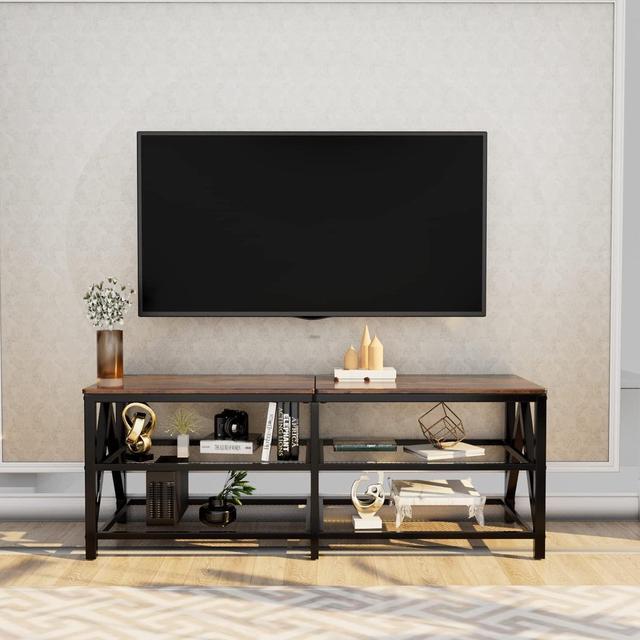 Alt view image 6 of 7 - Katrawu TV Stand for 60 65 Inch TV, Long 55" Entertainment Center 3-Tier TV Console Steel Frame Industrial Style TV Cabinet with Metal Frame for Living Room, Rustic Brown Wooden and Black