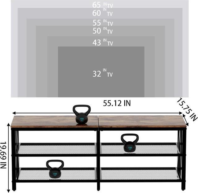 Alt view image 5 of 7 - Katrawu TV Stand for 60 65 Inch TV, Long 55" Entertainment Center 3-Tier TV Console Steel Frame Industrial Style TV Cabinet with Metal Frame for Living Room, Rustic Brown Wooden and Black