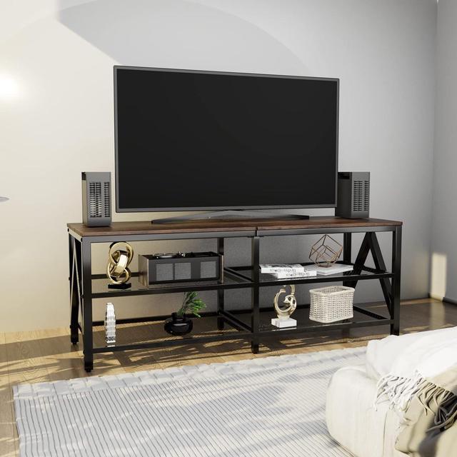 Alt view image 7 of 7 - Katrawu TV Stand for 60 65 Inch TV, Long 55" Entertainment Center 3-Tier TV Console Steel Frame Industrial Style TV Cabinet with Metal Frame for Living Room, Rustic Brown Wooden and Black