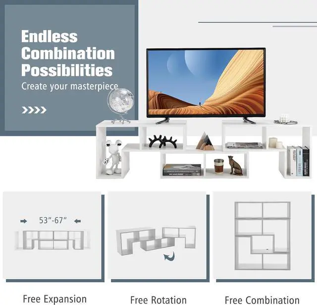 Alt view image 2 of 7 - GOFLAME 3 Pieces TV Console Stand, Modern Entertainment Center for 50 55 60 65 Inch Flat Screen TV, Free Combination Bookcase for Storage & Display, Suitable for Living Room, Bedroom (White)