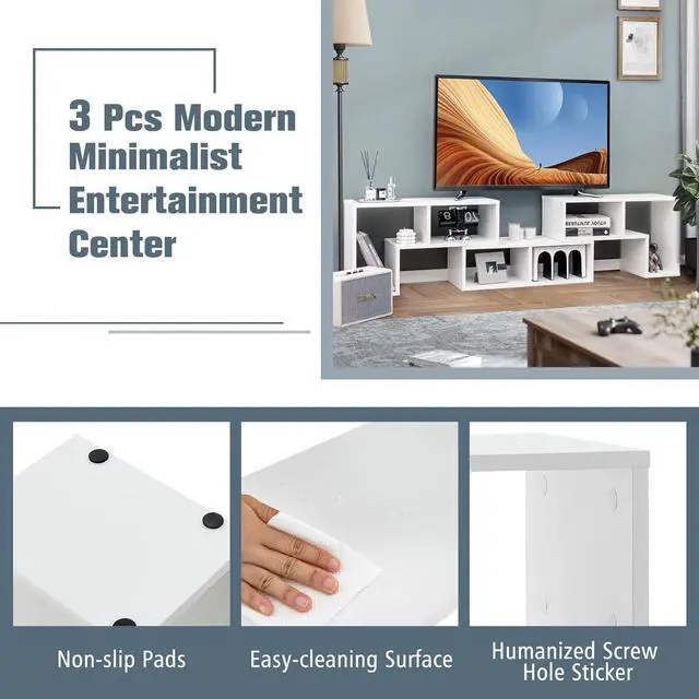 Alt view image 5 of 7 - GOFLAME 3 Pieces TV Console Stand, Modern Entertainment Center for 50 55 60 65 Inch Flat Screen TV, Free Combination Bookcase for Storage & Display, Suitable for Living Room, Bedroom (White)