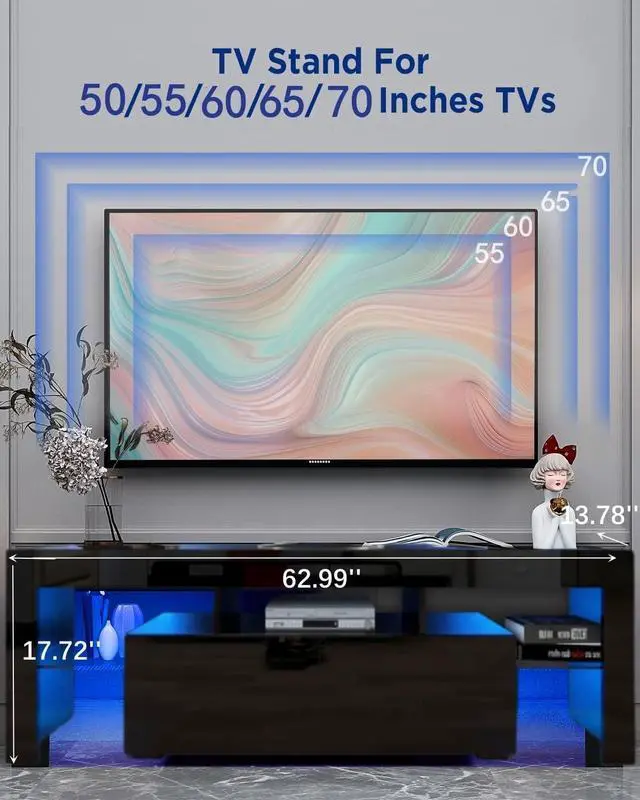 Alt view image 2 of 7 - BAMACAR LED TV Stand for 70 Inch TV, Black TV Stand 70 Inch TV Table, 50 55 60 65 70 Inch TV Stands for Living Room 60 65 70 Inch TV Console Black Entertainment Center for 70 65+ 65 60 55 50 Inch TV