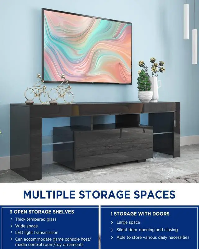 Alt view image 4 of 7 - BAMACAR LED TV Stand for 70 Inch TV, Black TV Stand 70 Inch TV Table, 50 55 60 65 70 Inch TV Stands for Living Room 60 65 70 Inch TV Console Black Entertainment Center for 70 65+ 65 60 55 50 Inch TV