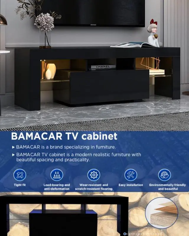 Alt view image 5 of 7 - BAMACAR LED TV Stand for 70 Inch TV, Black TV Stand 70 Inch TV Table, 50 55 60 65 70 Inch TV Stands for Living Room 60 65 70 Inch TV Console Black Entertainment Center for 70 65+ 65 60 55 50 Inch TV