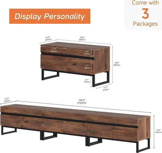 Alt view image 2 of 7 - WAMPAT Modern TV Stand for 32-110 Inch TVs, Wood Entertainment Center with Metal Base Storage Cabinets, Media TV Console for Living Room, Brown, 3Pcs
