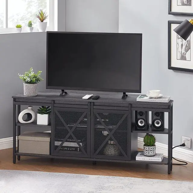 Alt view image 2 of 7 - HOMISSUE Corner TV Stand, Corner TV Stand for up to 65" TV, Industrial & Farmhouse Corner Entertainment Center w/Sliding Barn Door and Power Outlet, Corner TV Cabinet for Living Room, Grey