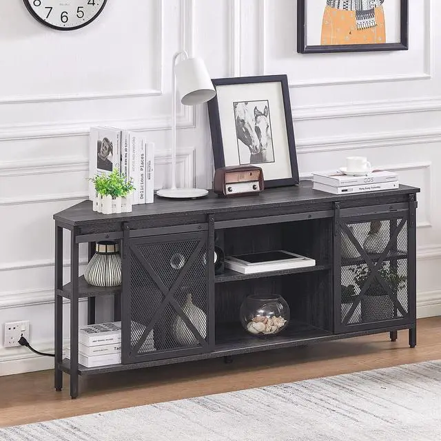 Alt view image 3 of 7 - HOMISSUE Corner TV Stand, Corner TV Stand for up to 65" TV, Industrial & Farmhouse Corner Entertainment Center w/Sliding Barn Door and Power Outlet, Corner TV Cabinet for Living Room, Grey
