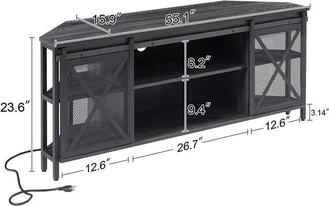 Alt view image 7 of 7 - HOMISSUE Corner TV Stand, Corner TV Stand for up to 65" TV, Industrial & Farmhouse Corner Entertainment Center w/Sliding Barn Door and Power Outlet, Corner TV Cabinet for Living Room, Grey