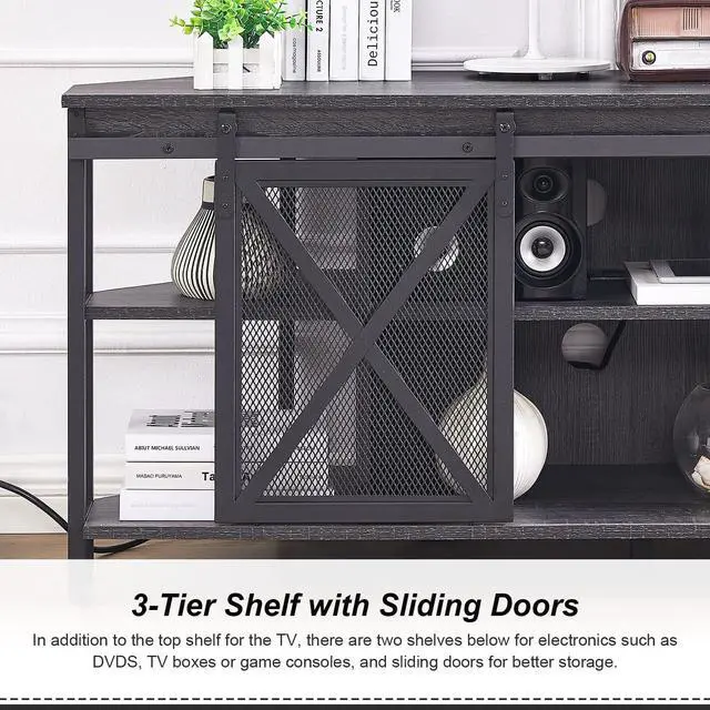Alt view image 5 of 7 - HOMISSUE Corner TV Stand, Corner TV Stand for up to 65" TV, Industrial & Farmhouse Corner Entertainment Center w/Sliding Barn Door and Power Outlet, Corner TV Cabinet for Living Room, Grey