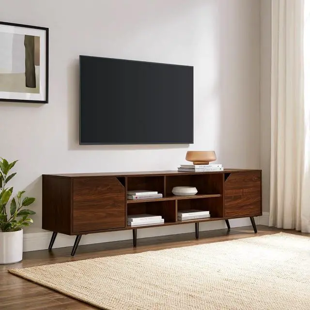 Alt view image 2 of 7 - Walker Edison Nora Modern Minimal Open-Shelf TV Stand for TVs up to 80 Inches, 70 Inch, Dark Walnut