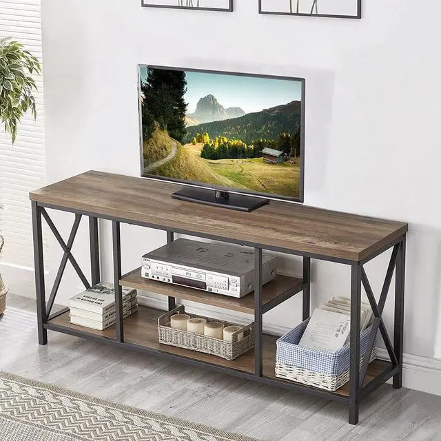 Alt view image 2 of 7 - FOLUBAN TV Stand for TV up to 65 inch, Rustic Wood and Metal Entertainment Center with Storage Shelves, Modern Industrial Media TV Console Table for Living Room, Oak 55 inch