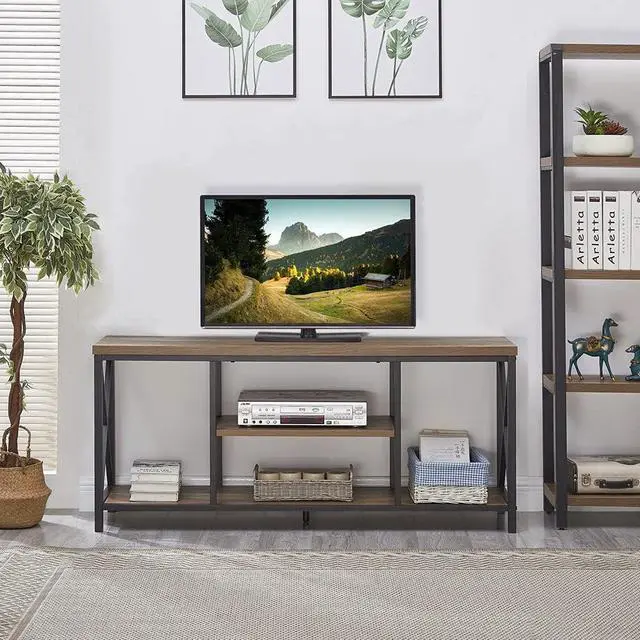 Alt view image 6 of 7 - FOLUBAN TV Stand for TV up to 65 inch, Rustic Wood and Metal Entertainment Center with Storage Shelves, Modern Industrial Media TV Console Table for Living Room, Oak 55 inch