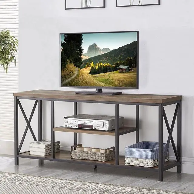 Alt view image 7 of 7 - FOLUBAN TV Stand for TV up to 65 inch, Rustic Wood and Metal Entertainment Center with Storage Shelves, Modern Industrial Media TV Console Table for Living Room, Oak 55 inch