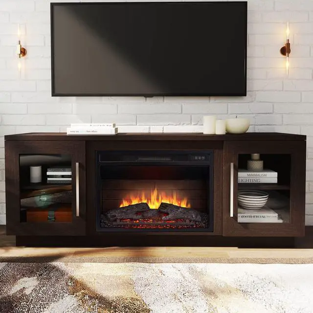 Main image of Cheerway 3D Fireplace TV Stand for TVs up to 65, Wooden Media Entertainment Center Table & TV Cabinets w/ 6 Storage Shelves & Barn Door, Electric Fireplace w/Remote Control & Adjustable Flame