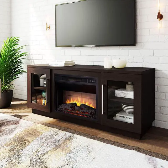 Alt view image 2 of 7 - Cheerway 3D Fireplace TV Stand for TVs up to 65, Wooden Media Entertainment Center Table & TV Cabinets w/ 6 Storage Shelves & Barn Door, Electric Fireplace w/Remote Control & Adjustable Flame