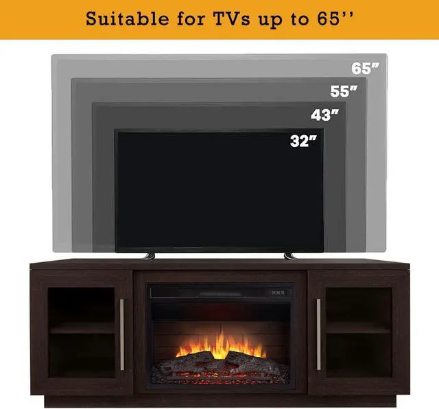 Alt view image 3 of 7 - Cheerway 3D Fireplace TV Stand for TVs up to 65, Wooden Media Entertainment Center Table & TV Cabinets w/ 6 Storage Shelves & Barn Door, Electric Fireplace w/Remote Control & Adjustable Flame