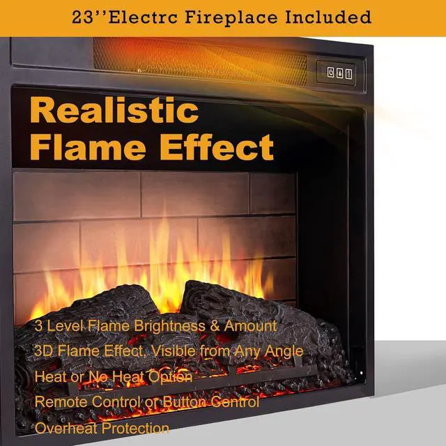 Alt view image 4 of 7 - Cheerway 3D Fireplace TV Stand for TVs up to 65, Wooden Media Entertainment Center Table & TV Cabinets w/ 6 Storage Shelves & Barn Door, Electric Fireplace w/Remote Control & Adjustable Flame