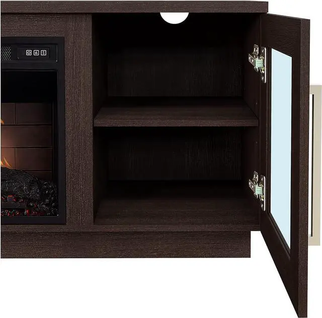 Alt view image 7 of 7 - Cheerway 3D Fireplace TV Stand for TVs up to 65, Wooden Media Entertainment Center Table & TV Cabinets w/ 6 Storage Shelves & Barn Door, Electric Fireplace w/Remote Control & Adjustable Flame