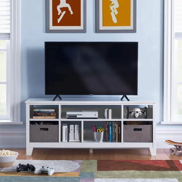 Main image of MARTHA STEWART Living and Learning Kids' Media Console - Creamy White: Wooden TV Stand with Shelves and Fabric Bins  Storage Cubby Organizer for TV's up to 55 Inches