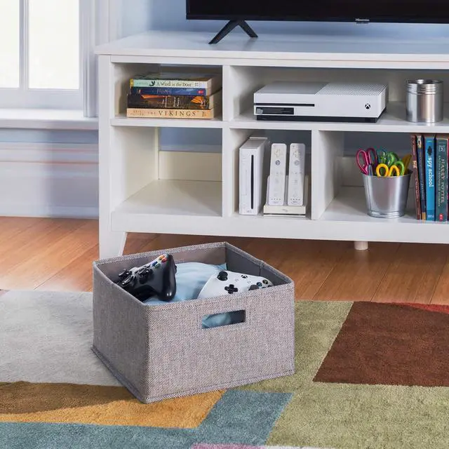 Alt view image 2 of 5 - MARTHA STEWART Living and Learning Kids' Media Console - Creamy White: Wooden TV Stand with Shelves and Fabric Bins  Storage Cubby Organizer for TV's up to 55 Inches
