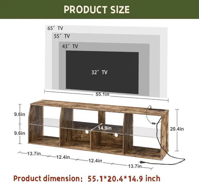 Alt view image 5 of 7 - VECELO TV Stand with LED Strip & Power Outlets, Industrial Entertainment Center for 45/50/55/60/65 inch Television, 7 Open Storage, 3 Tiers Media Console Table, Cord Holes, for Living Room, Bedroom